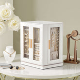 HAOYYE 360° Rotating Jewelry Box with 5 Spacious Drawers, Elegant White Cabinet and Soft Pink Velvet Lining, Multi-Functional Jewelry Organizer for Rings, Necklaces, Earrings, and Accessories